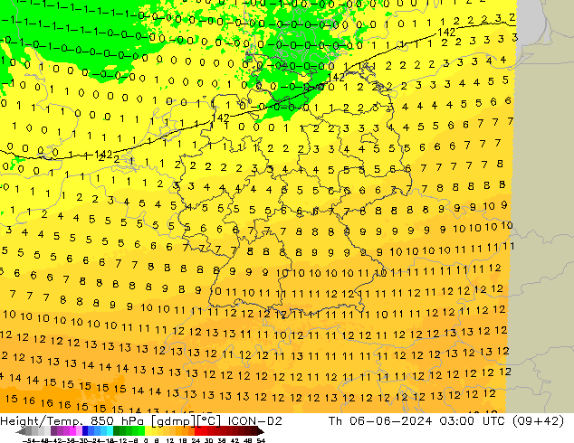 Height/Temp. 850 hPa ICON-D2 Th 06.06.2024 03 UTC