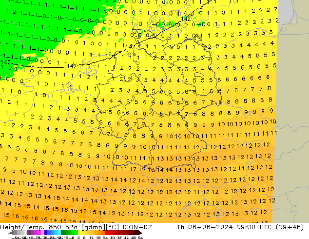 Hoogte/Temp. 850 hPa ICON-D2 do 06.06.2024 09 UTC