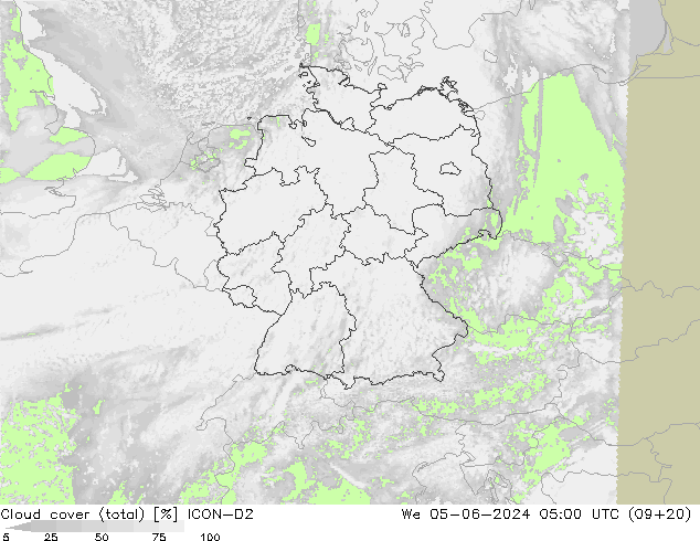 Nuages (total) ICON-D2 mer 05.06.2024 05 UTC