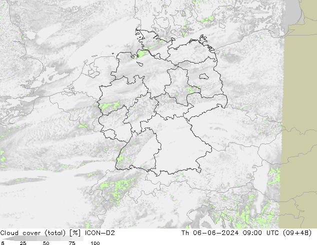 Cloud cover (total) ICON-D2 Čt 06.06.2024 09 UTC