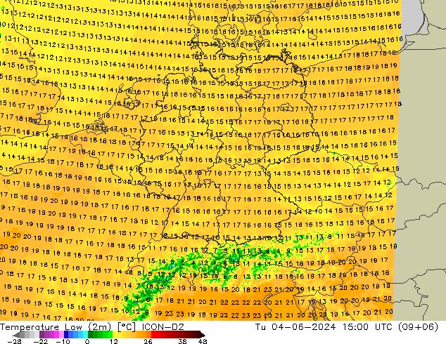 Temp. minima (2m) ICON-D2 mar 04.06.2024 15 UTC