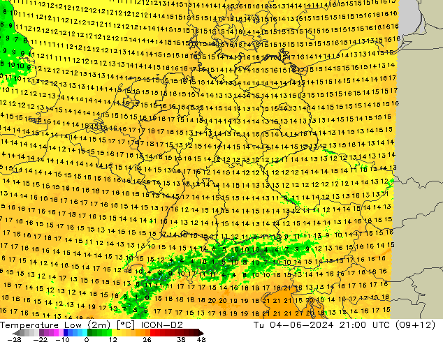 Temperature Low (2m) ICON-D2 Tu 04.06.2024 21 UTC