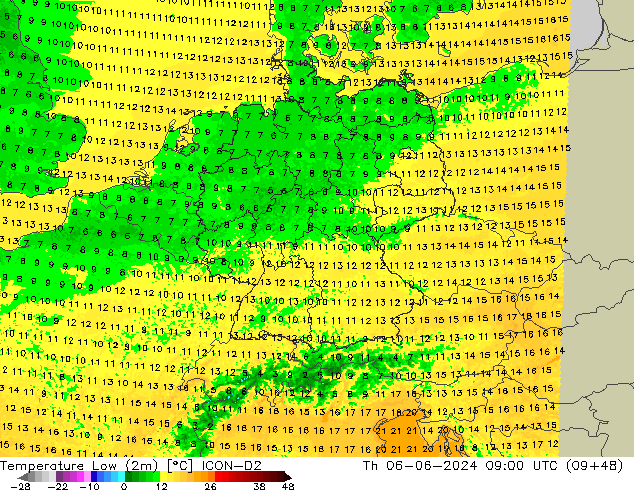 Min.temperatuur (2m) ICON-D2 do 06.06.2024 09 UTC