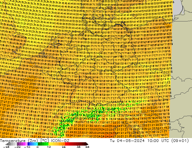 Temperature (2m) ICON-D2 Út 04.06.2024 10 UTC