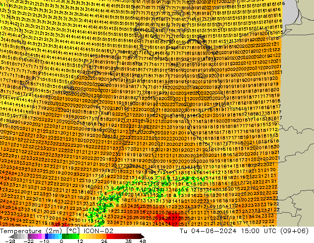 Temperature (2m) ICON-D2 Tu 04.06.2024 15 UTC