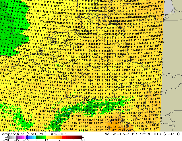 Temperaturkarte (2m) ICON-D2 Mi 05.06.2024 05 UTC