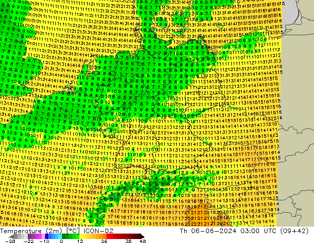 température (2m) ICON-D2 jeu 06.06.2024 03 UTC