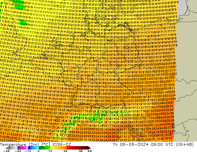 карта температуры ICON-D2 чт 06.06.2024 09 UTC