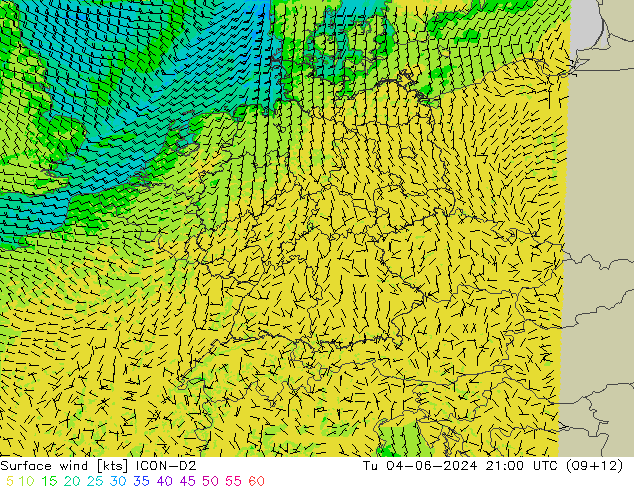 Vento 10 m ICON-D2 mar 04.06.2024 21 UTC