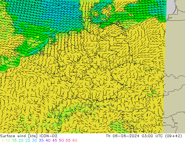 Surface wind ICON-D2 Čt 06.06.2024 03 UTC