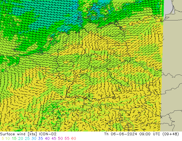 Surface wind ICON-D2 Čt 06.06.2024 09 UTC