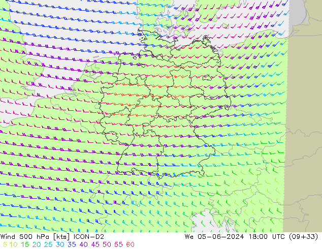 ветер 500 гПа ICON-D2 ср 05.06.2024 18 UTC