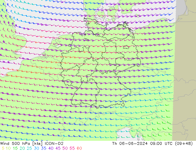 Wind 500 hPa ICON-D2 Th 06.06.2024 09 UTC