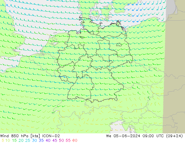 Wind 850 hPa ICON-D2 Mi 05.06.2024 09 UTC