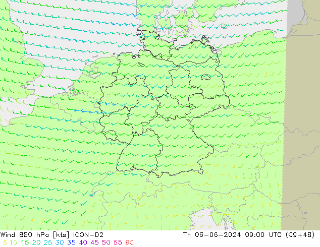 Vento 850 hPa ICON-D2 gio 06.06.2024 09 UTC