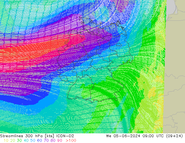 Stroomlijn 300 hPa ICON-D2 wo 05.06.2024 09 UTC