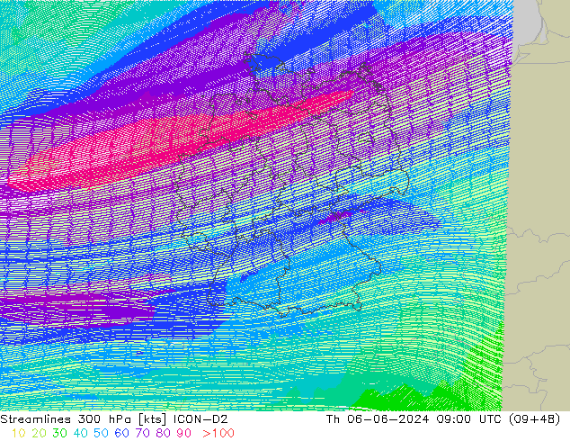 Stromlinien 300 hPa ICON-D2 Do 06.06.2024 09 UTC