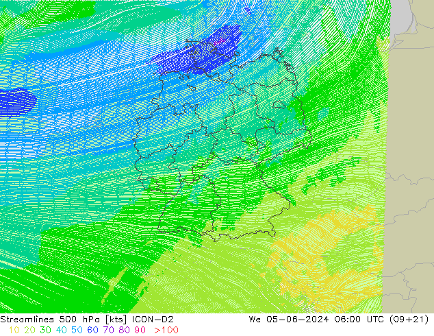 Stromlinien 500 hPa ICON-D2 Mi 05.06.2024 06 UTC