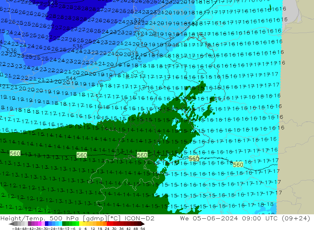 Géop./Temp. 500 hPa ICON-D2 mer 05.06.2024 09 UTC