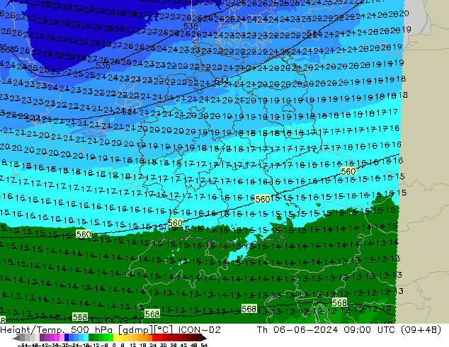 Height/Temp. 500 hPa ICON-D2 czw. 06.06.2024 09 UTC