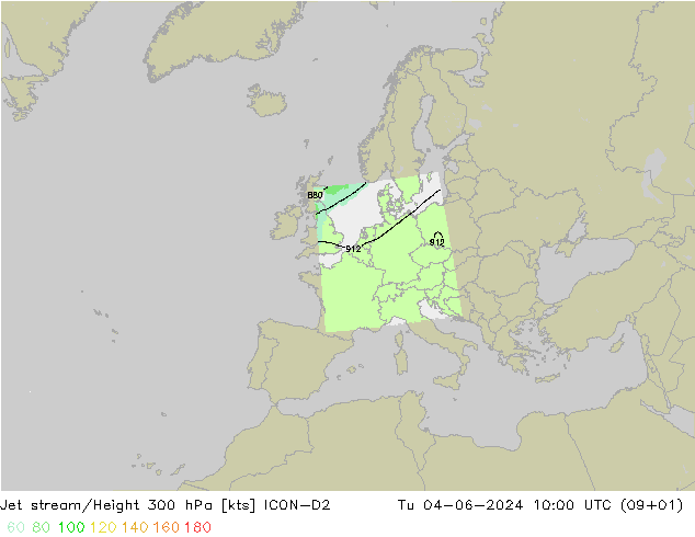 Jet stream/Height 300 hPa ICON-D2 Tu 04.06.2024 10 UTC