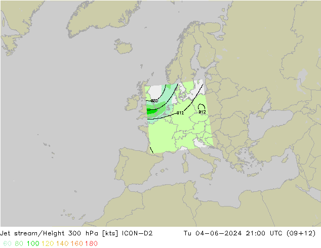 Jet stream/Height 300 hPa ICON-D2 Tu 04.06.2024 21 UTC