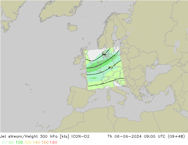 Jet stream/Height 300 hPa ICON-D2 Th 06.06.2024 09 UTC