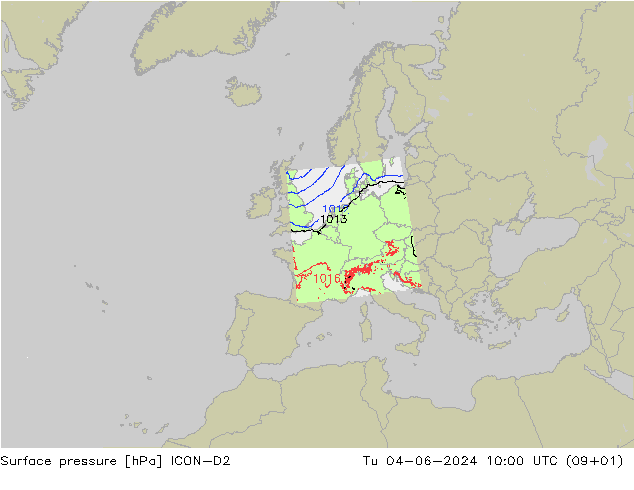 地面气压 ICON-D2 星期二 04.06.2024 10 UTC