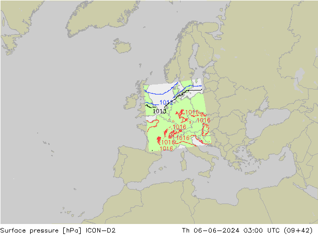 Surface pressure ICON-D2 Th 06.06.2024 03 UTC