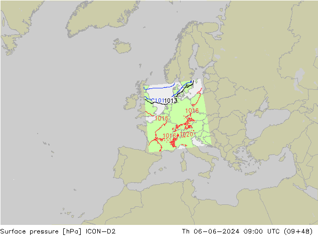 Surface pressure ICON-D2 Th 06.06.2024 09 UTC