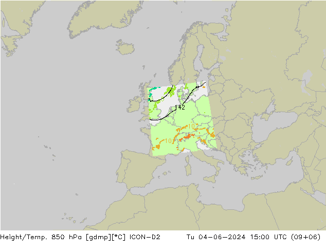 Hoogte/Temp. 850 hPa ICON-D2 di 04.06.2024 15 UTC