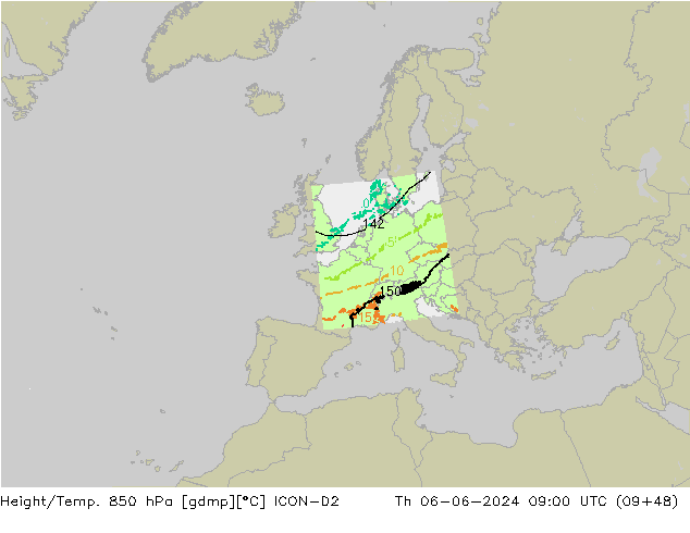 Geop./Temp. 850 hPa ICON-D2 jue 06.06.2024 09 UTC