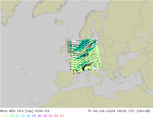 Rüzgar 850 hPa ICON-D2 Per 06.06.2024 09 UTC