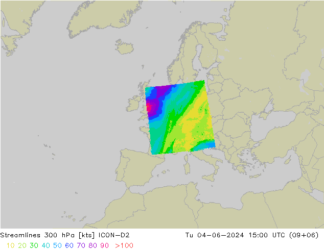 Streamlines 300 hPa ICON-D2 Út 04.06.2024 15 UTC