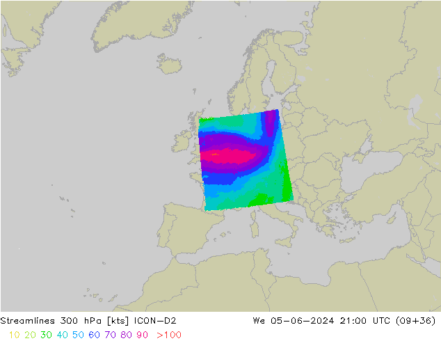 Streamlines 300 hPa ICON-D2 St 05.06.2024 21 UTC