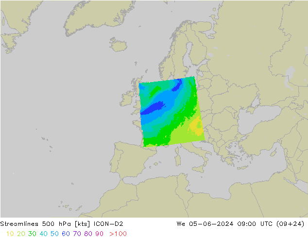 Linia prądu 500 hPa ICON-D2 śro. 05.06.2024 09 UTC