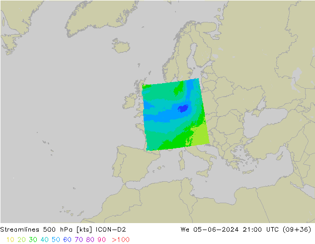 Ligne de courant 500 hPa ICON-D2 mer 05.06.2024 21 UTC