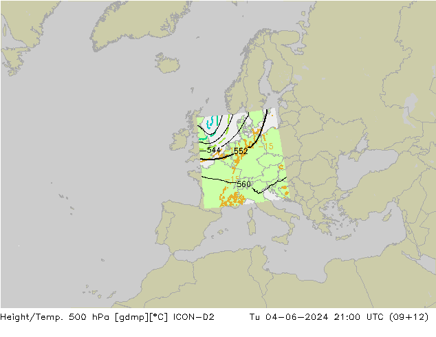 Height/Temp. 500 hPa ICON-D2 Di 04.06.2024 21 UTC