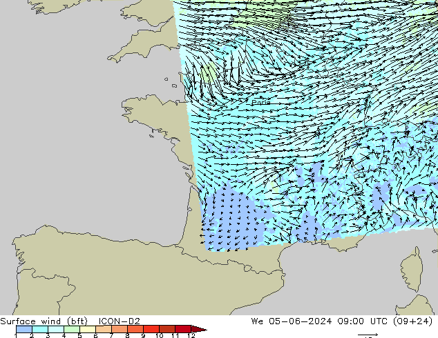 Surface wind (bft) ICON-D2 We 05.06.2024 09 UTC