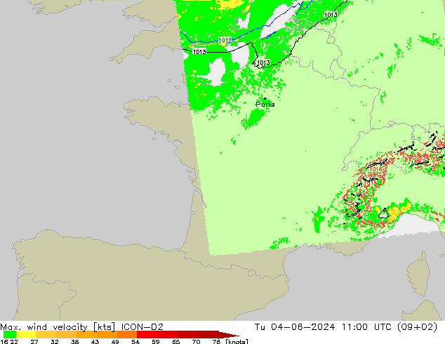 Max. wind velocity ICON-D2 Út 04.06.2024 11 UTC