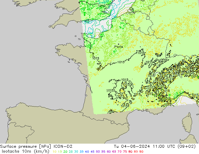 Eşrüzgar Hızları (km/sa) ICON-D2 Sa 04.06.2024 11 UTC