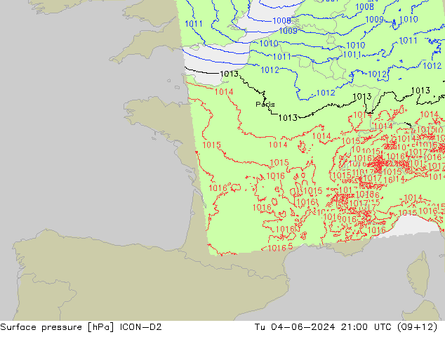 Surface pressure ICON-D2 Tu 04.06.2024 21 UTC