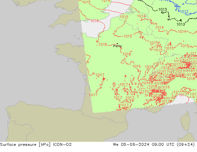 Pressione al suolo ICON-D2 mer 05.06.2024 09 UTC