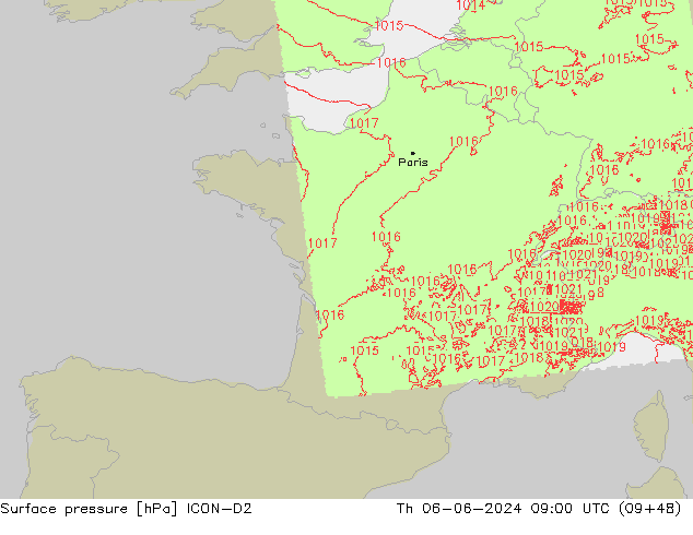 Presión superficial ICON-D2 jue 06.06.2024 09 UTC