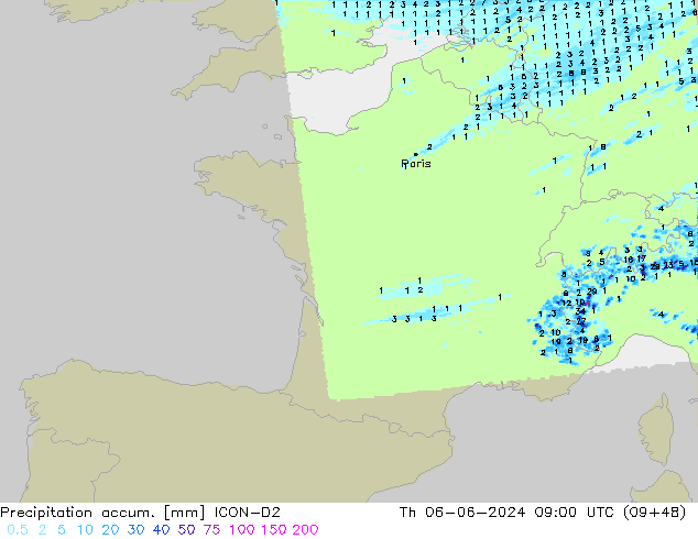 Précipitation accum. ICON-D2 jeu 06.06.2024 09 UTC