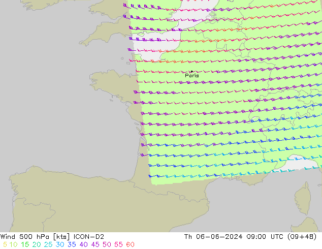 ветер 500 гПа ICON-D2 чт 06.06.2024 09 UTC