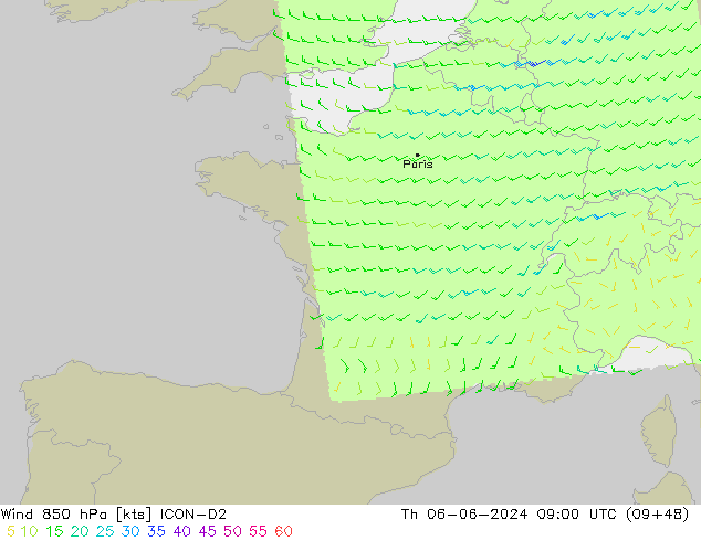 Wind 850 hPa ICON-D2 Th 06.06.2024 09 UTC