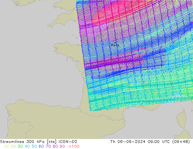 Ligne de courant 300 hPa ICON-D2 jeu 06.06.2024 09 UTC