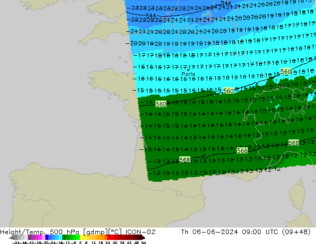 Geop./Temp. 500 hPa ICON-D2 jue 06.06.2024 09 UTC