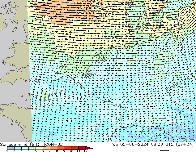 Bodenwind (bft) ICON-D2 Mi 05.06.2024 09 UTC